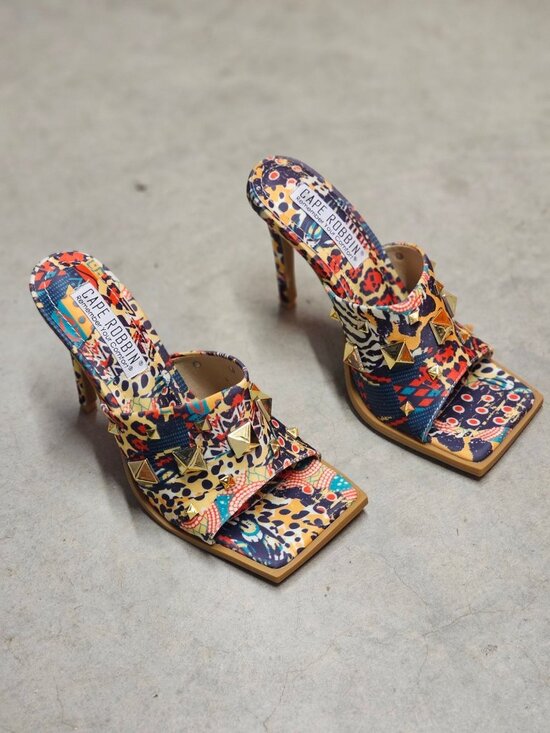 Shoes - Cape Robbin Gold Studded Multicolor Printed High Heel Mules With Open Toe Womens